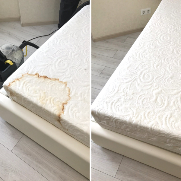 Materac przed i po czyszczeniu – usunięcie plam i przywrócona świeżość.